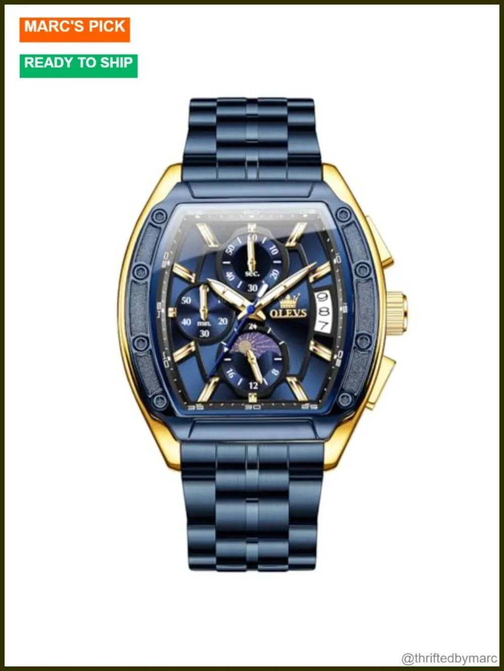 Men's Square Face Luxury Dress Chronograph Watch Stainless Steel Waterproof